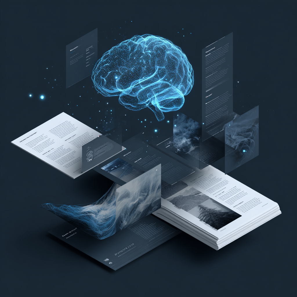 A modern digital illustration surrounded by floating pages of content transforming