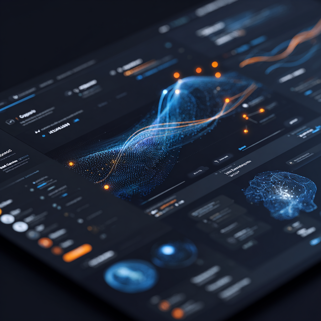 A sleek, modern data visualization dashboard displaying customer journey analytics with glowing AI nodes connecting different touchpoints