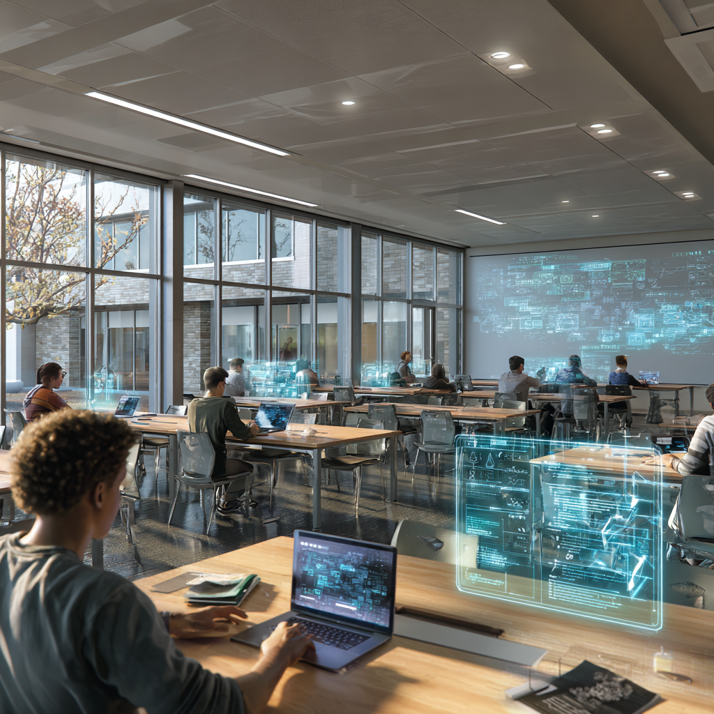 Modern university classroom with diverse students collaborating on laptops