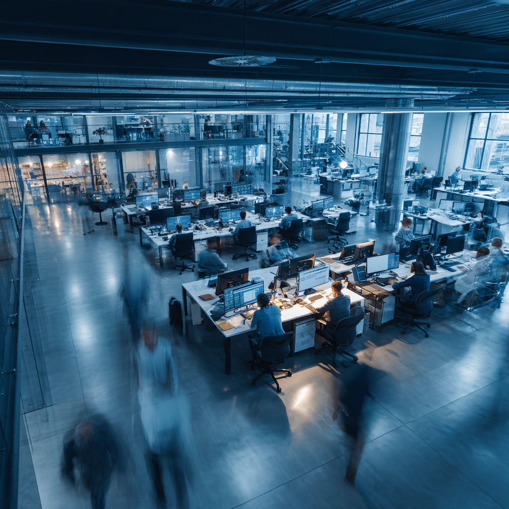 Modern business office environment showing seamless integration of AI technology