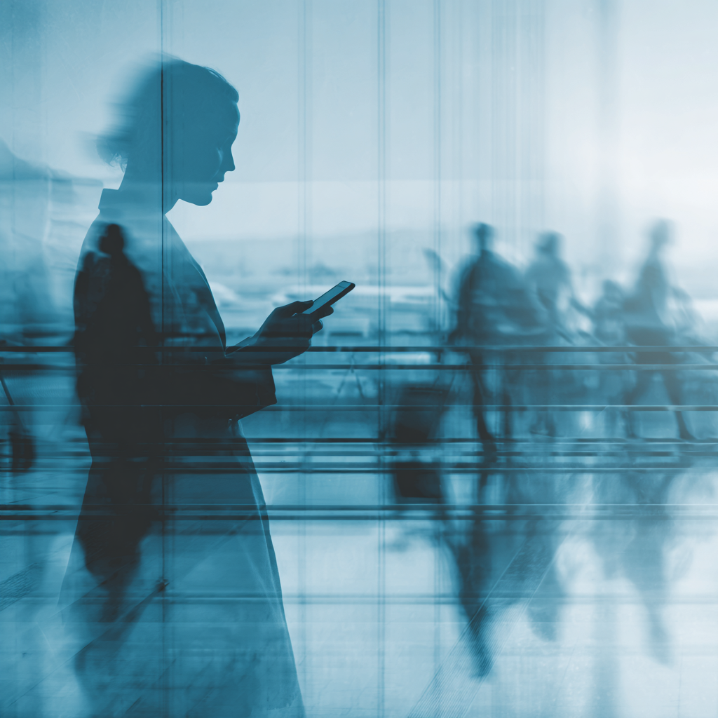 Modern business traveler using smartphone with AI interface for expense tracking