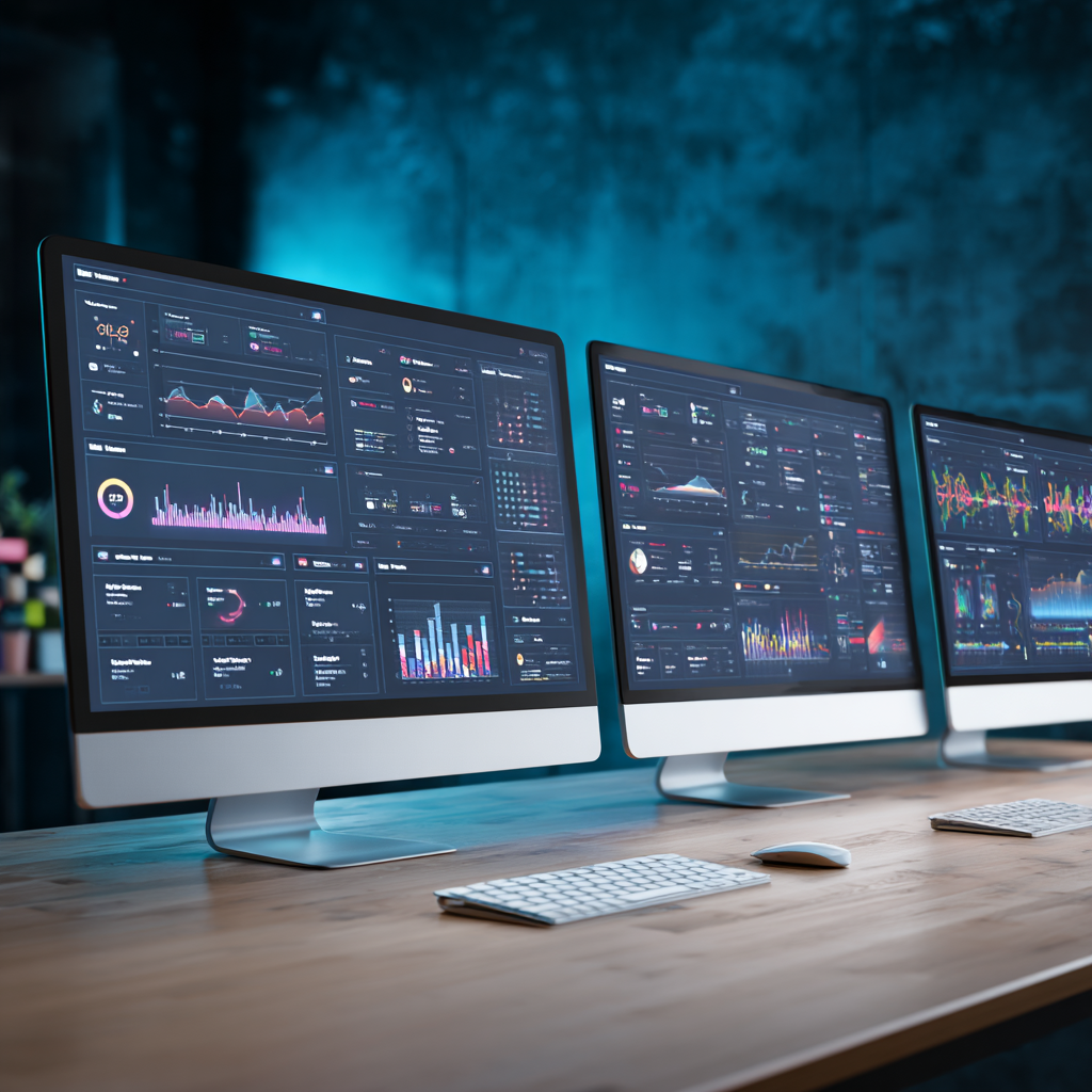 Modern office workspace with multiple computer screens showing AI dashboards and marketing analytics,