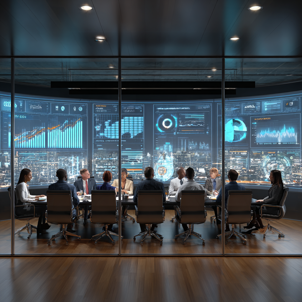 Professional business boardroom scene with diverse executives examining AI charts